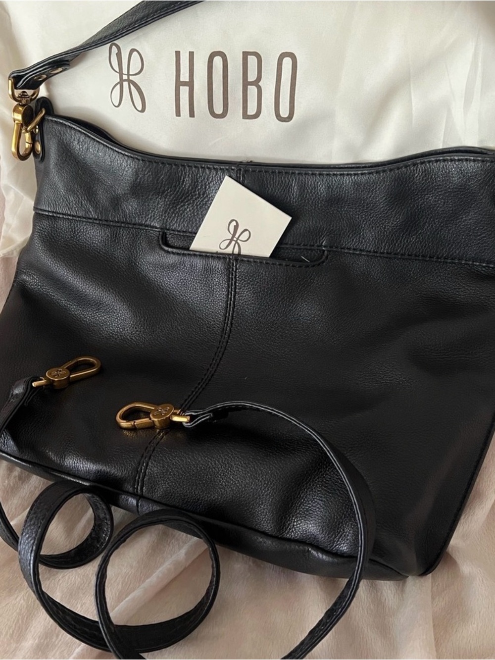 Beautiful HOBO Black Leather Shoulder Bag -Pier.  Includes both straps dust bags